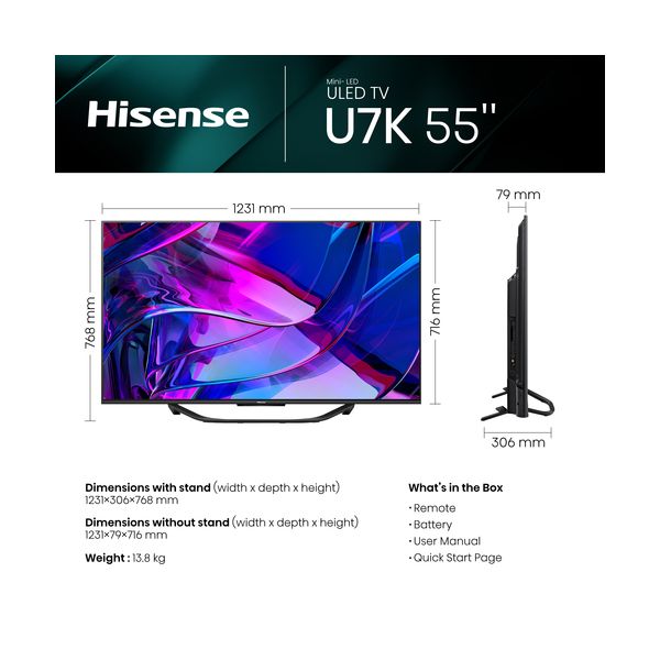 Hisense 55 Inch 55U7KQTUK Smart 4K 144Hz UHD HDR Mini-LED TV