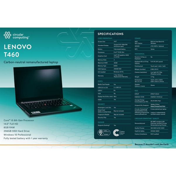 Remanufactured Lenovo ThinkPad T460 i5 6th Gen 8GB RAM 256GB SSD 14\